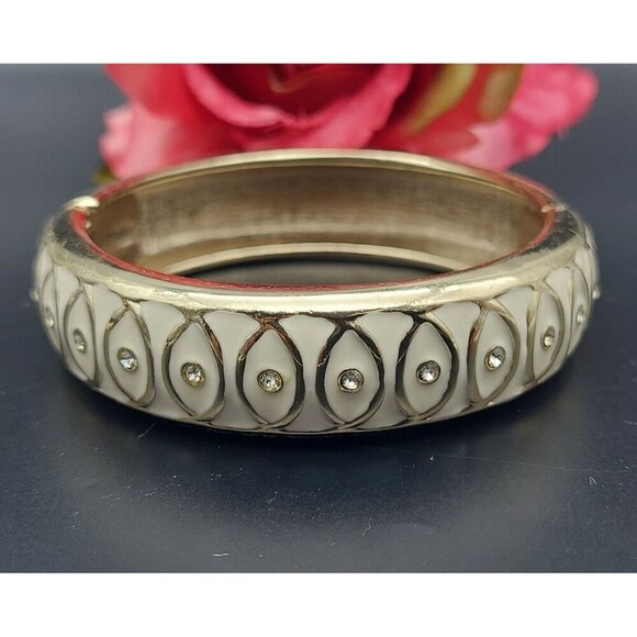 Beautiful Gold Tone & White Enamel Hinged Bangle Bracelet Tiny Rhinestone Accent - Picture 7 of 12